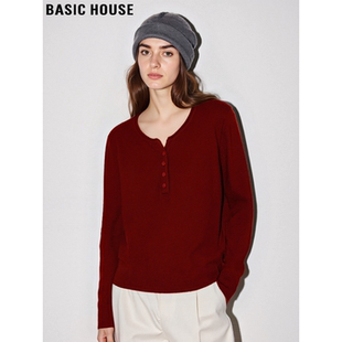 Basic House/百家好红色圆领针织衫女士冬季宽松加厚保暖打底毛衣