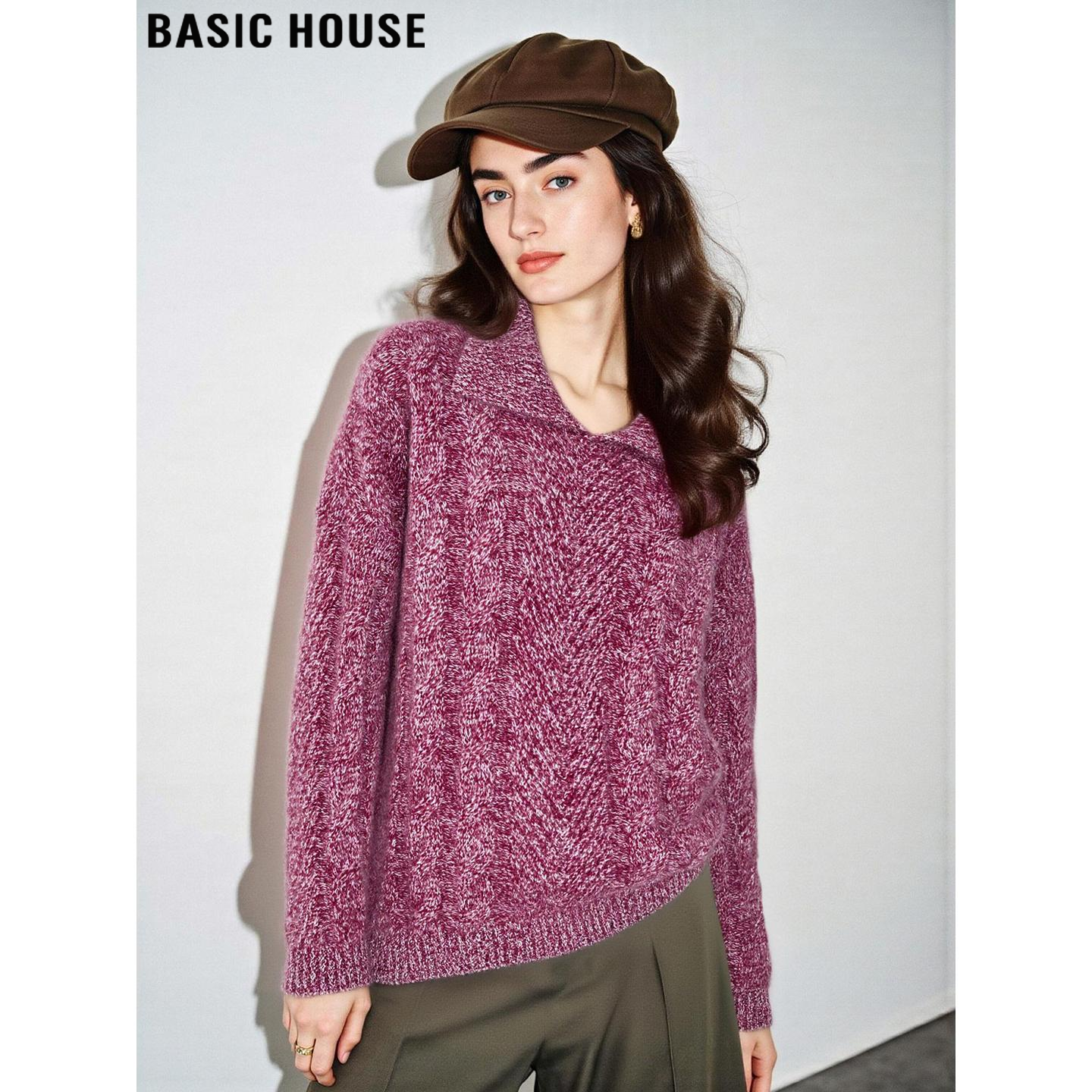 Basic House/百家好树莓紫翻领羊绒针织衫女冬季优雅软糯羊毛毛衣,女装/女士精品,羊绒衫,淘宝优惠券,粉丝福利购,淘宝优惠卷