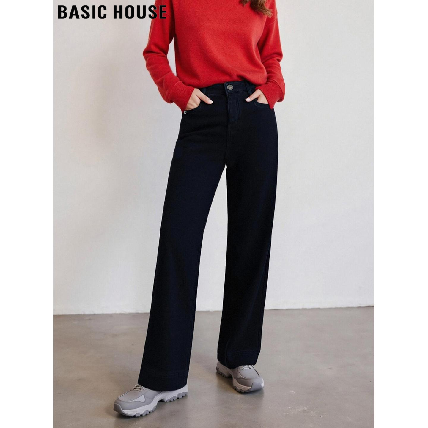 百家好黑色加绒阔腿直筒牛仔裤女