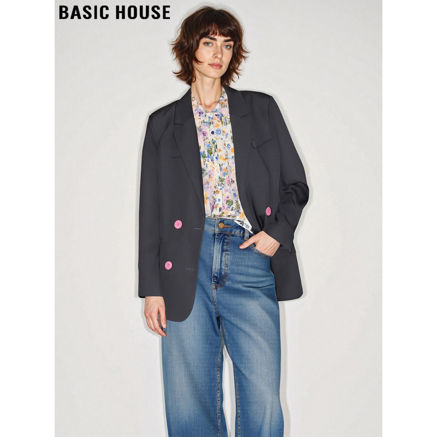 百家好气质灰色西装外套通勤宽松