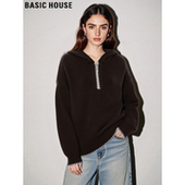 百家好咖色半拉链连帽羊绒衫 Basic House 女冬美拉德羊毛针织卫衣