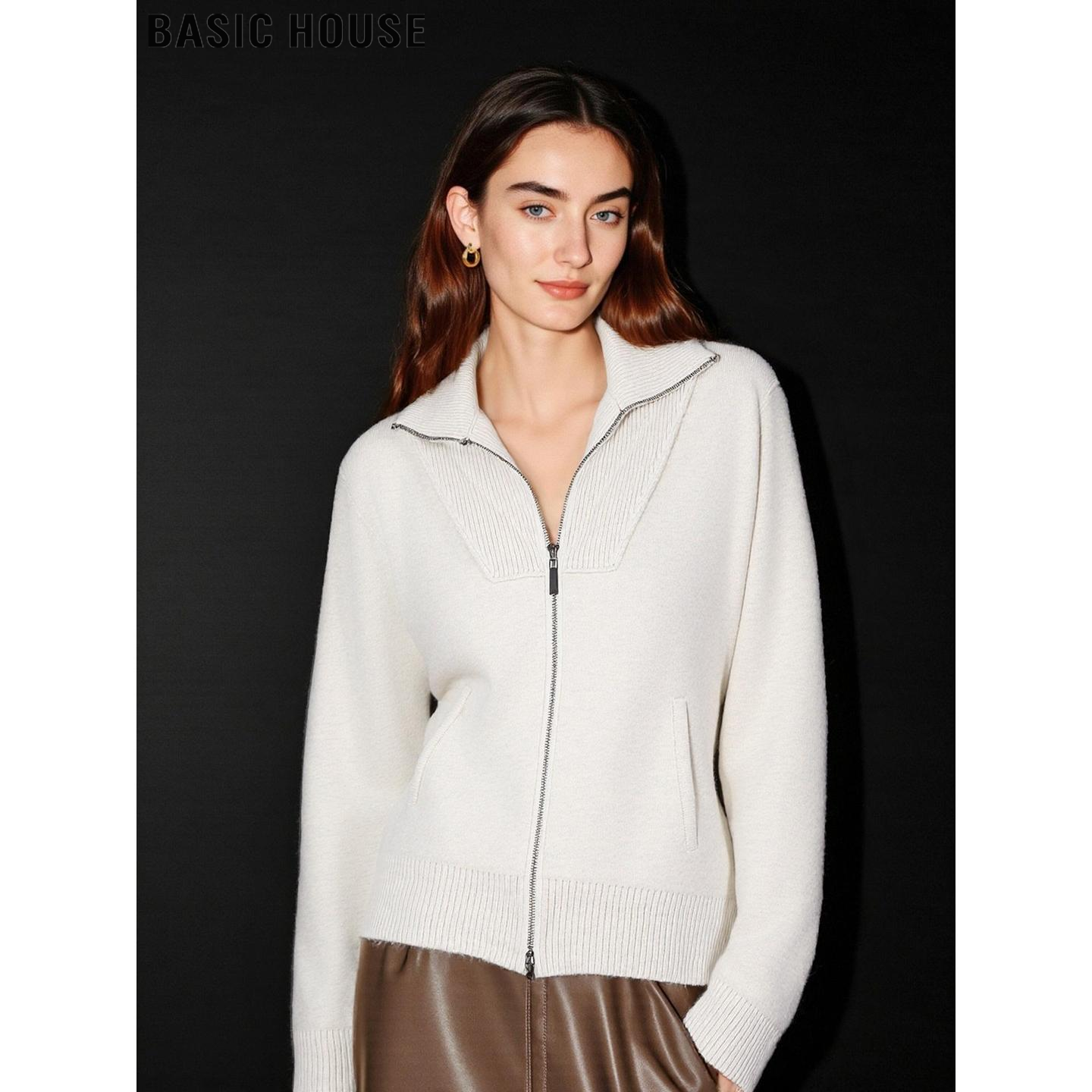 百家好米色加厚翻领毛衣外套女