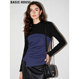 收腰修身 Basic 新款 百家好撞色圆领T恤女2026春季 内搭上衣 House