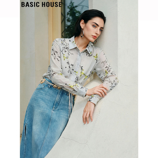 新款 Basic 女2026春季 百家好复古港味印花雪纺衬衫 翻领衬衣 House