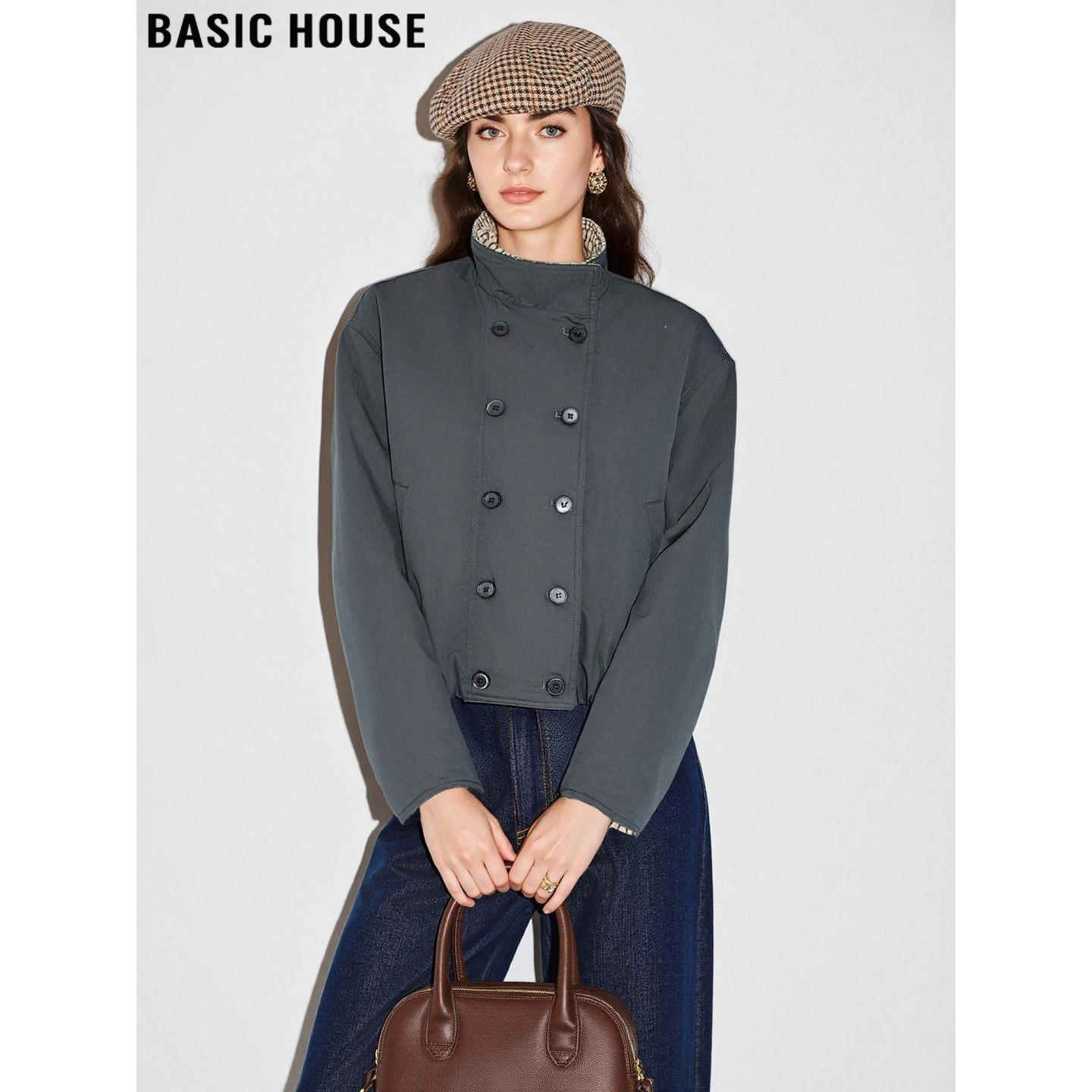 百家好美式立领灰色短款外套女冬