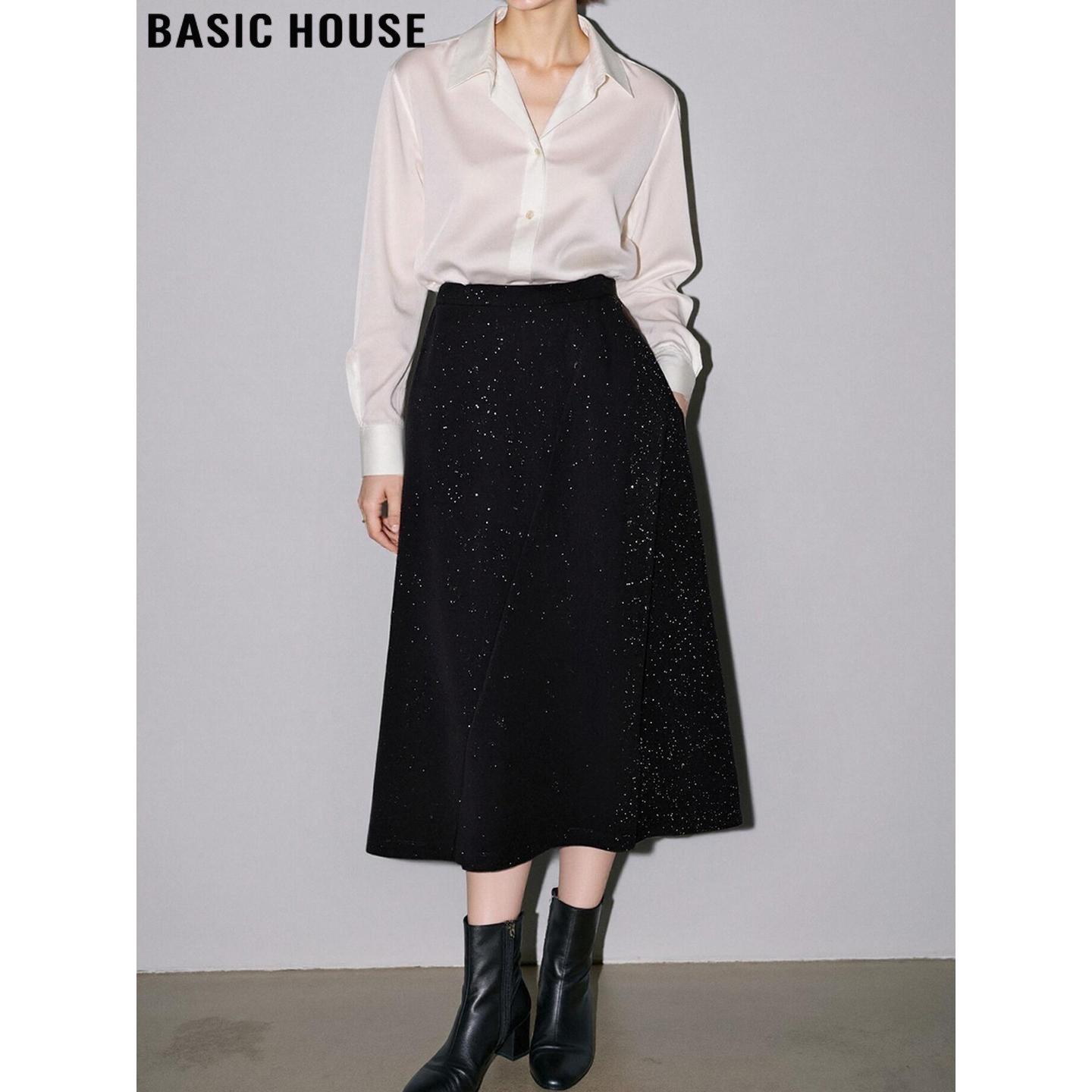 Basic House/百家好黑色亮片A字裙女2026春季新款法式高腰半身裙,女装/女士精品,半身裙,淘宝优惠券,粉丝福利购,淘宝优惠卷