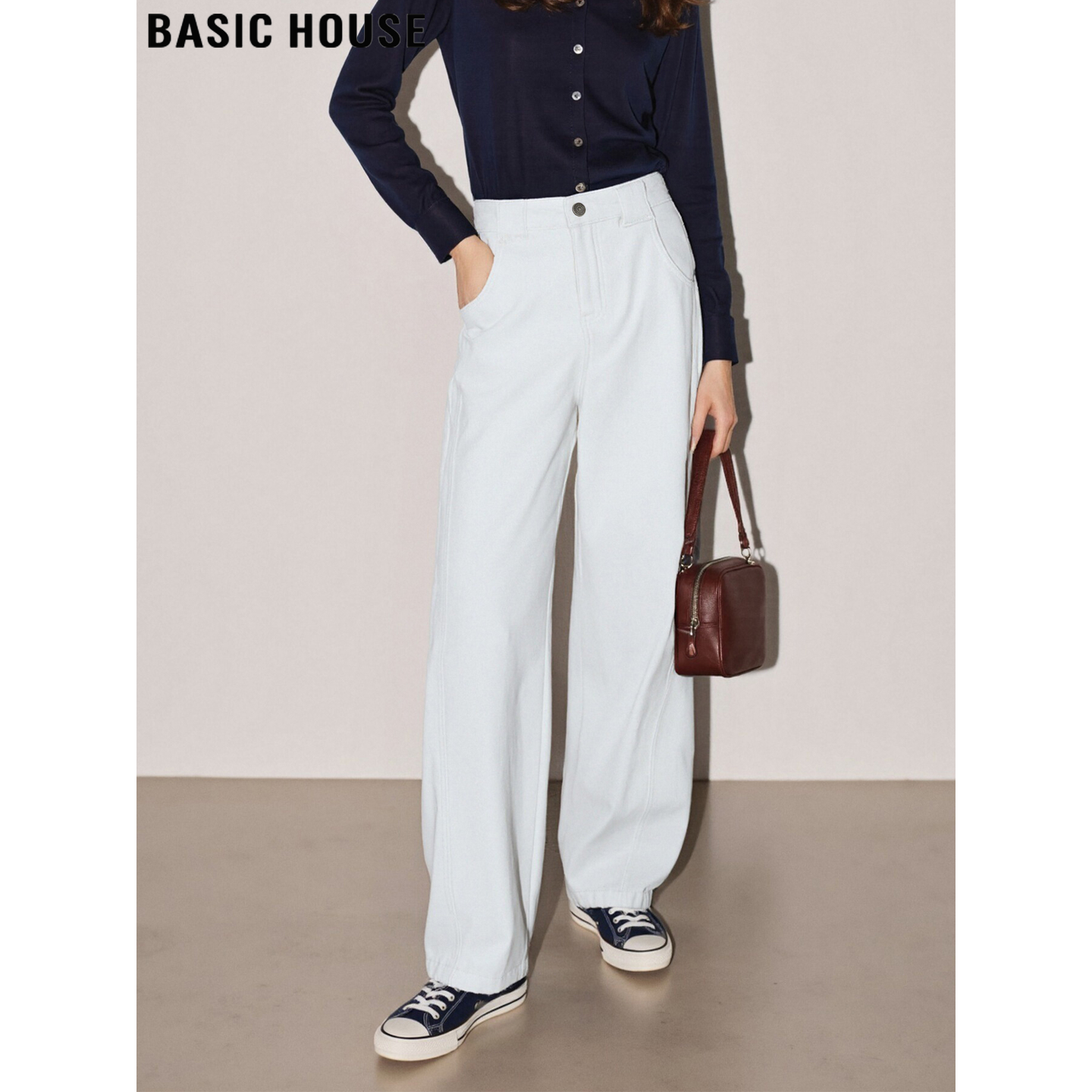 Basic House/百家好白色束脚牛仔裤女秋冬季加绒加厚高腰直筒长裤