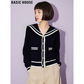 Basic 休闲外套 女2025冬季 House 百家好设计感撞色海军领针织开衫