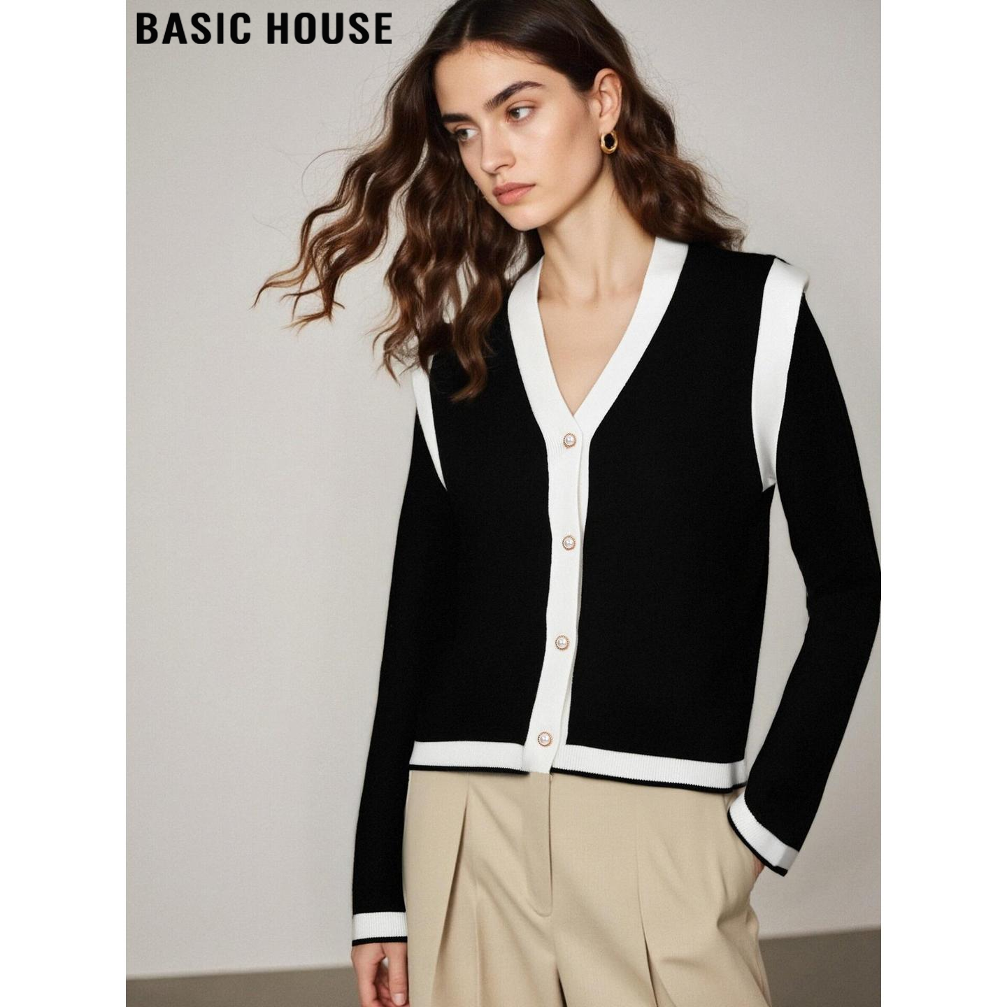 百家好黑白撞色针织开衫女短款