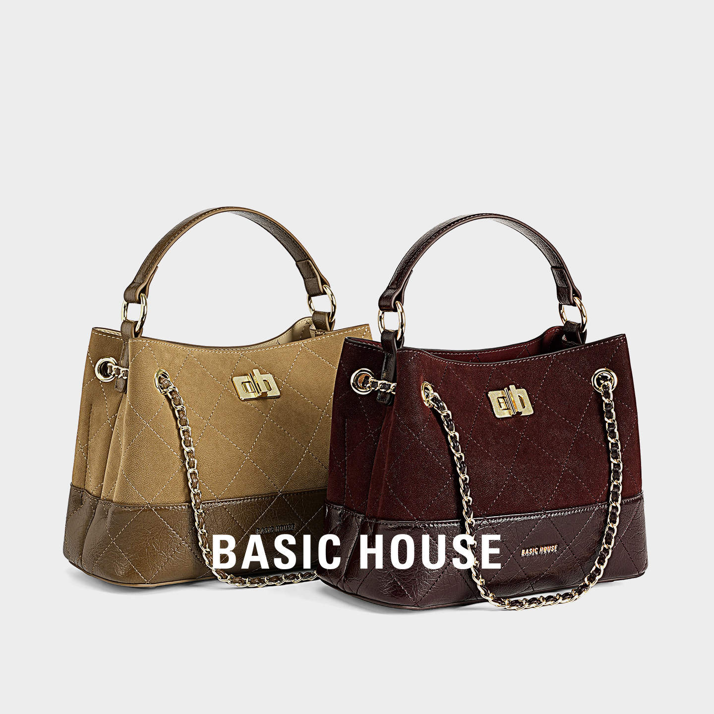 Basic House/百家好麂皮菱格链条托特包女手提单肩斜挎包包水桶包,箱包皮具/热销女包/男包,水桶包,淘宝优惠券,粉丝福利购,淘宝优惠卷