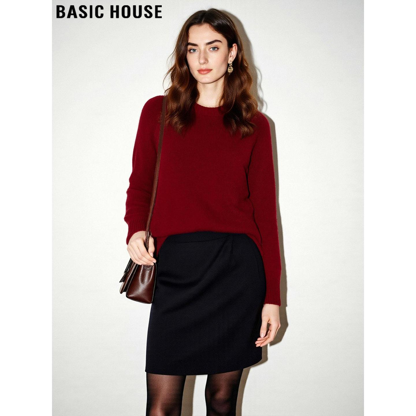 Basic House/百家好红色100%羊毛针织衫女士冬季内搭软糯圆领毛衣,女装/女士精品,毛针织衫,淘宝优惠券,粉丝福利购,淘宝优惠卷