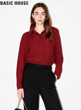 Basic House/百家好红色POLO领衬衫女士2026春季新款叠穿内搭上衣