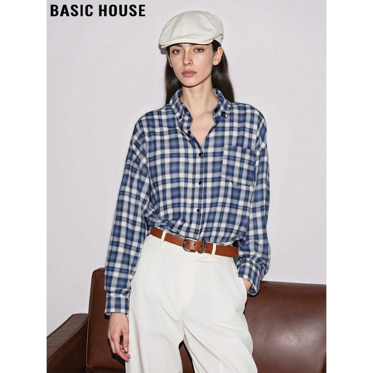 百家好蓝色格子衬衫叠穿内搭上衣