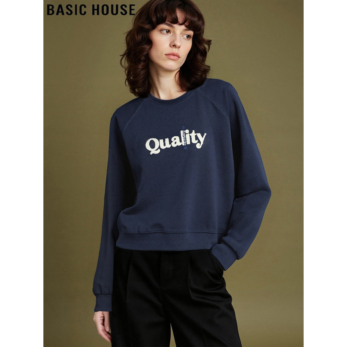 百家好藏蓝色印花圆领卫衣女外套