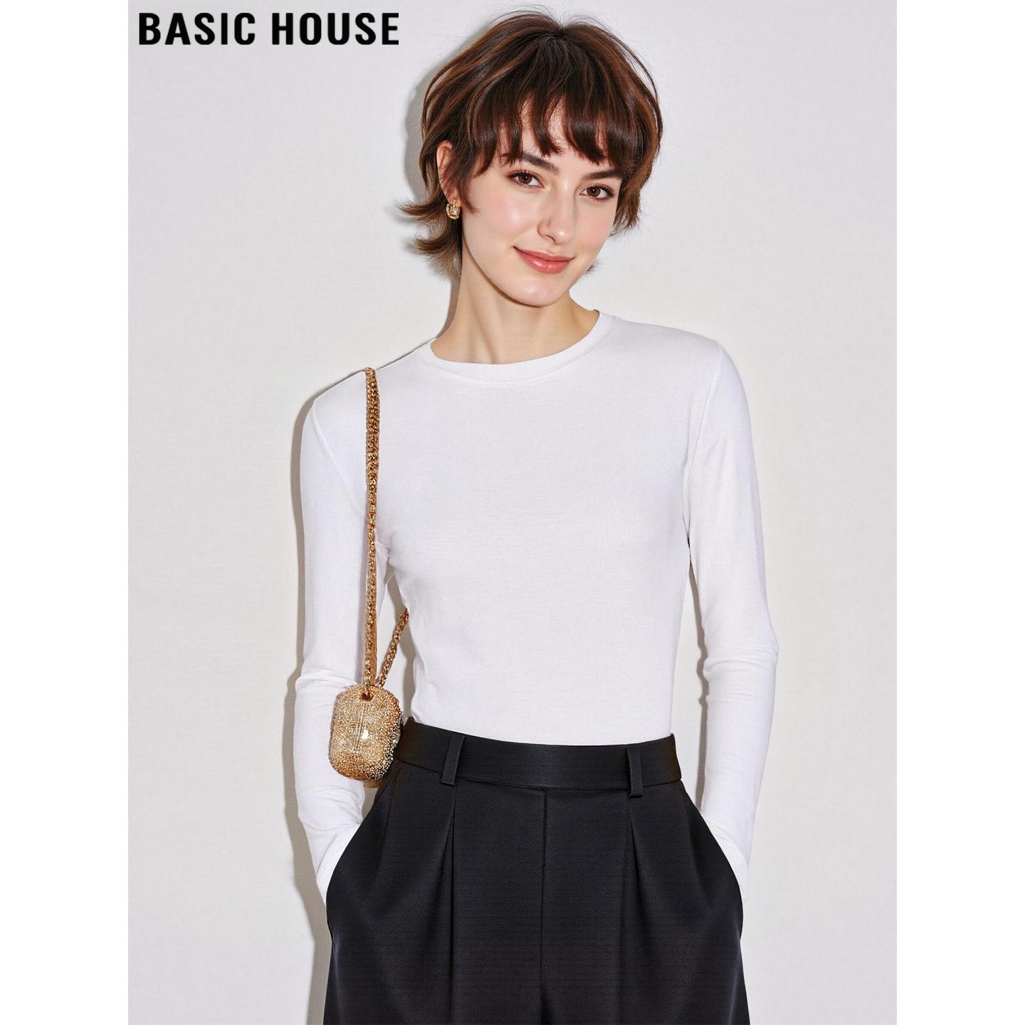 Basic House/百家好白色圆领长袖T恤打底衫女士春季简约内搭上衣