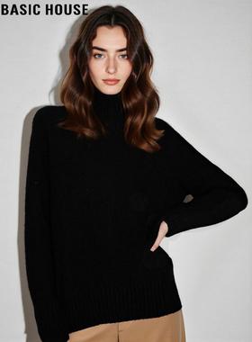 Basic House/百家好黑色高领针织打底衫女士冬季100%羊毛内搭毛衣
