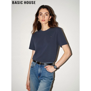 T恤女2026夏季 百家好蓝色刺绣纯棉短袖 圆领正肩上衣 House Basic