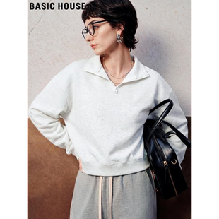 Basic House/百家好花灰色半拉链卫衣女春季宽松休闲长袖套头上衣