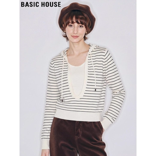 Basic House/百家好连帽假两件条纹针织衫女2026春季新款法式上衣