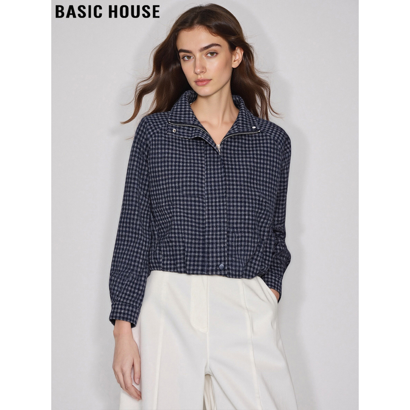 百家好复古蓝色格子短款毛呢外套