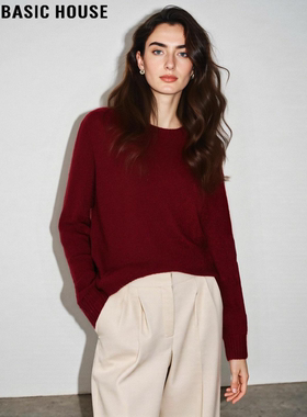 Basic House/百家好红色圆领毛衣女士2026春季新款100%羊毛针织衫