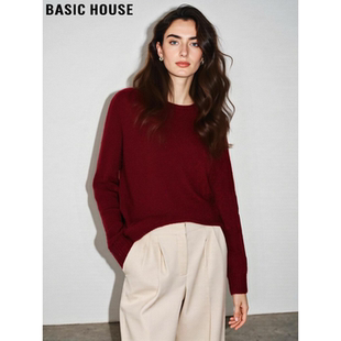 100%羊毛针织衫 Basic 新款 百家好红色圆领毛衣女士2026春季 House