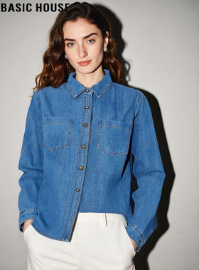 Basic House/百家好复古蓝POLO领加绒牛仔衬衫外套女秋冬叠穿上衣