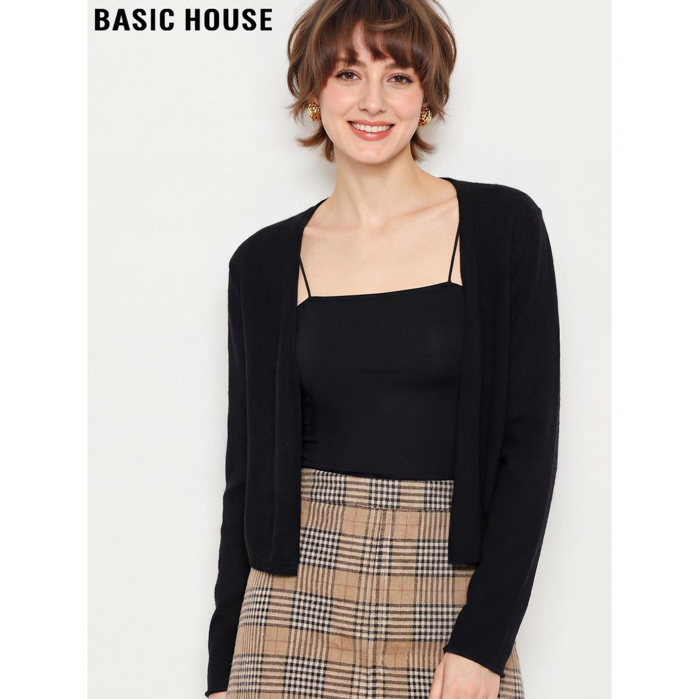 Basic House/百家好黑色V领针织开衫女2026春季新款外披短款外套,女装/女士精品,毛针织衫,淘宝优惠券,粉丝福利购,淘宝优惠卷