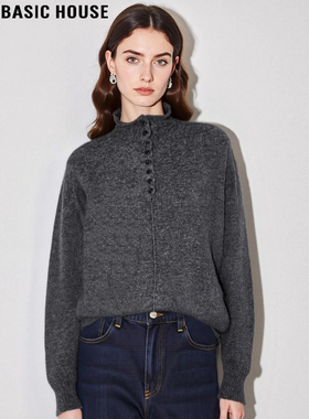 Basic House/百家好灰色半高领毛衣女2026春季新款慵懒软糯针织衫