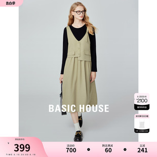 百家好不规则假两件拼接连衣裙女春季 新款 House Basic 减龄背带裙