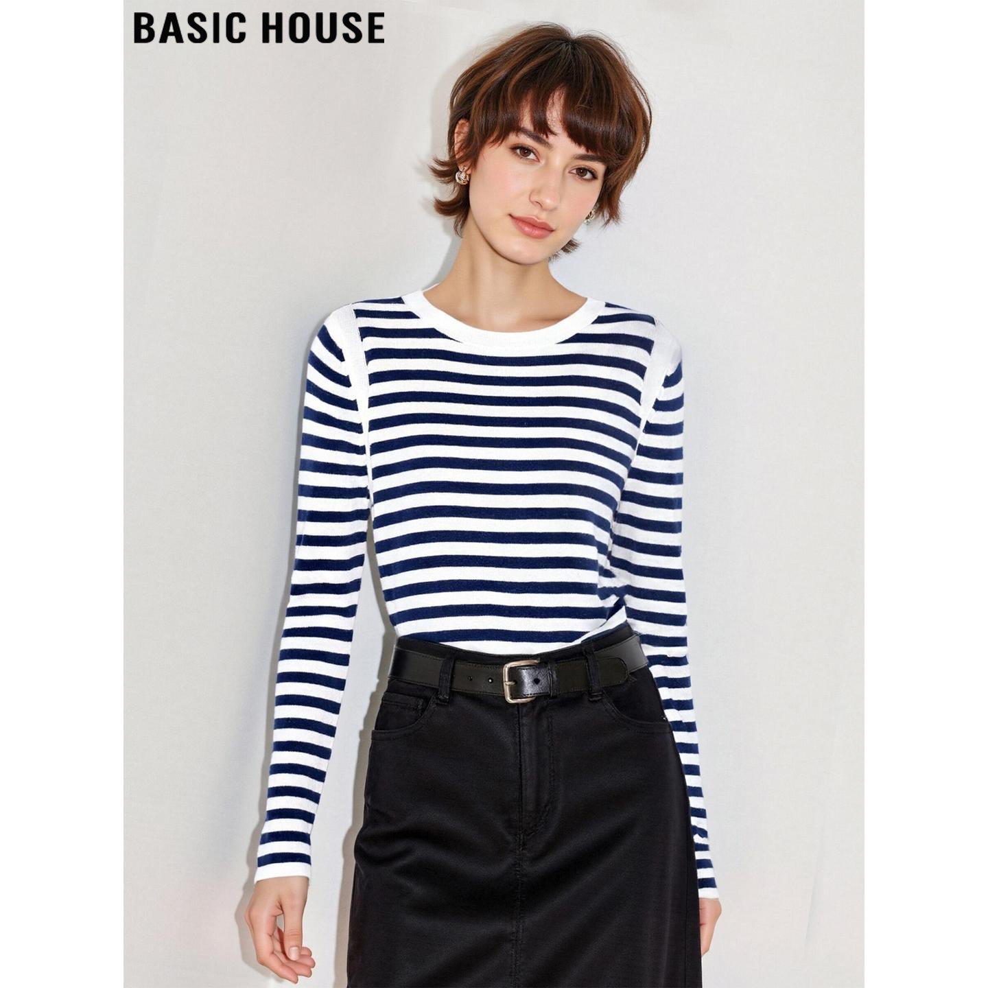Basic House/百家好美式复古条纹圆领针织衫女士冬季内搭修身毛衣,女装/女士精品,毛针织衫,淘宝优惠券,粉丝福利购,淘宝优惠卷