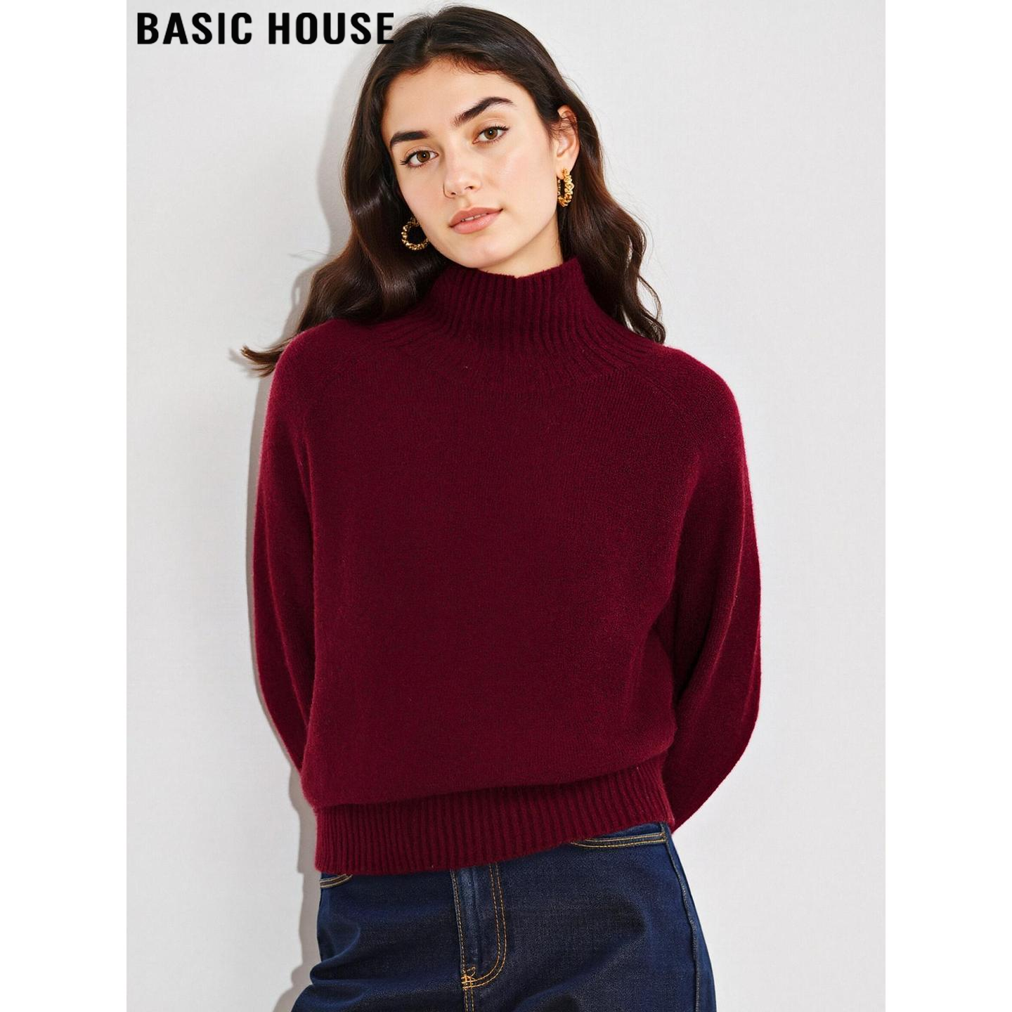 Basic House/百家好红色100%羊毛高领针织衫女冬季宽松加厚打底衫,女装/女士精品,毛针织衫,淘宝优惠券,粉丝福利购,淘宝优惠卷