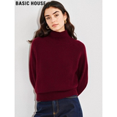 House 百家好红色100%羊毛高领针织衫 女冬季 Basic 宽松加厚打底衫