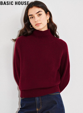 Basic House/百家好红色100%羊毛高领针织衫女冬季宽松加厚打底衫