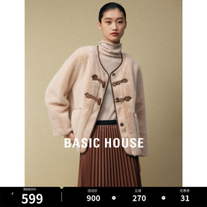 Basic House/百家好2023冬季新款仿水貂毛上衣女减龄环保皮草外套