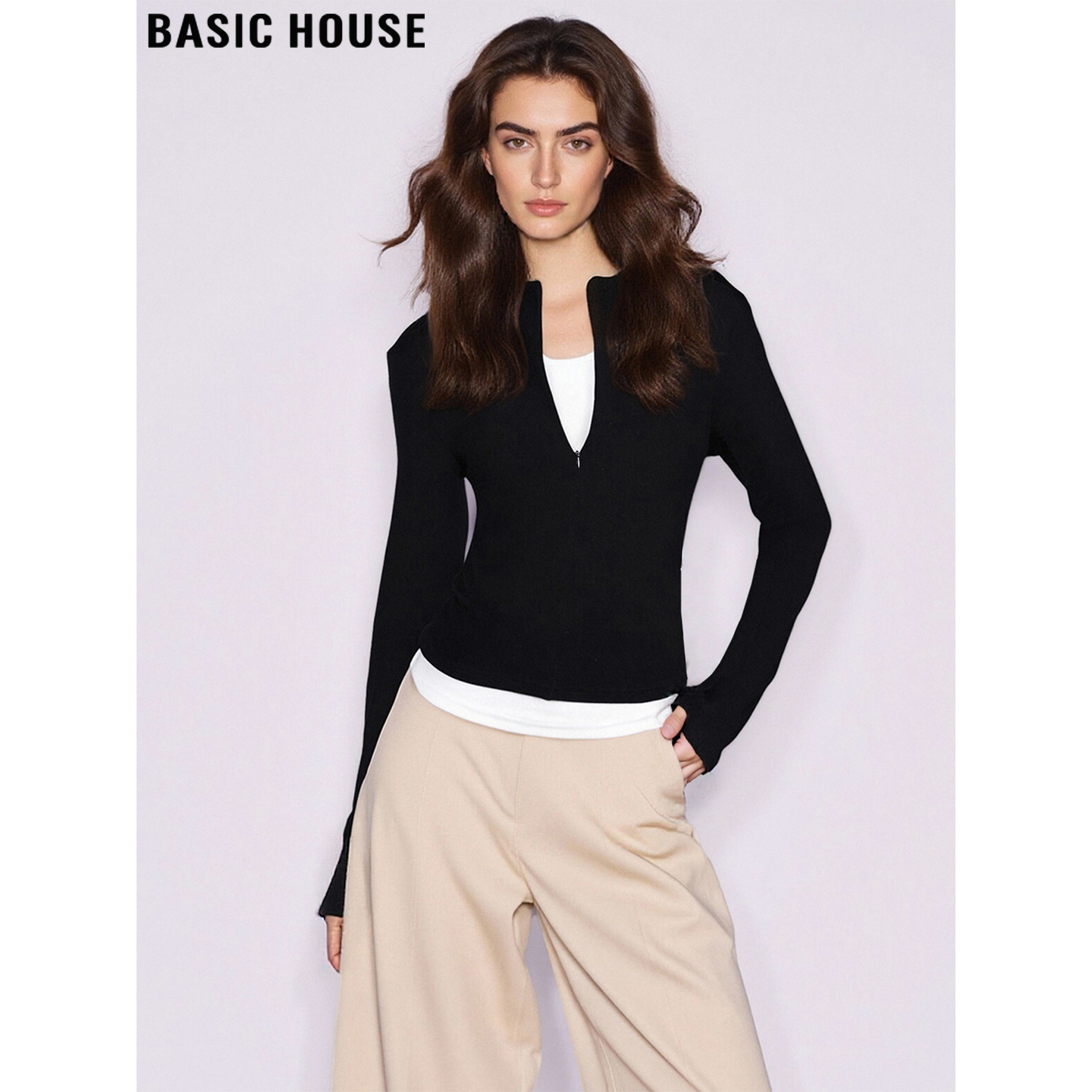 百家好撞色假两件长袖T恤女修身