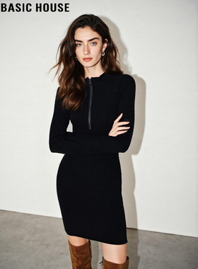 Basic House/百家好黑色半拉链连衣裙女冬加绒加厚收腰修身打底裙