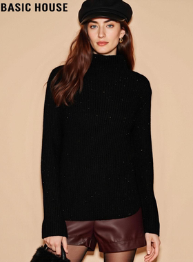Basic House/百家好黑色高领针织衫女士冬季内搭软糯羊毛打底毛衣