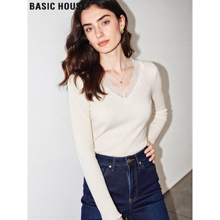 Basic House/百家好白色蕾丝拼接V领针织衫女2026春季新款打底衫