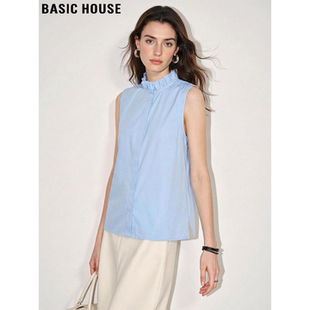 House 新款 百家好木耳边蓝色无袖 女2026春季 设计感衬衣 衬衫 Basic