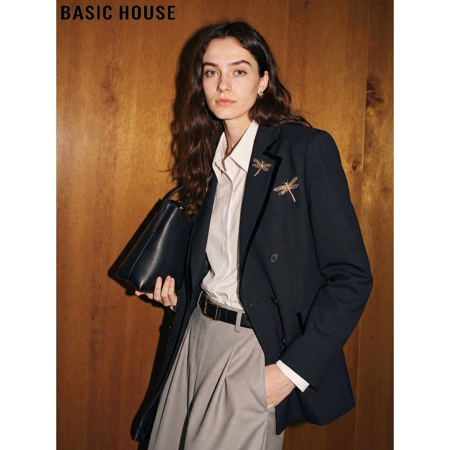 Basic House/百家好高级感黑色西装外套女2026春季新款廓形小西服