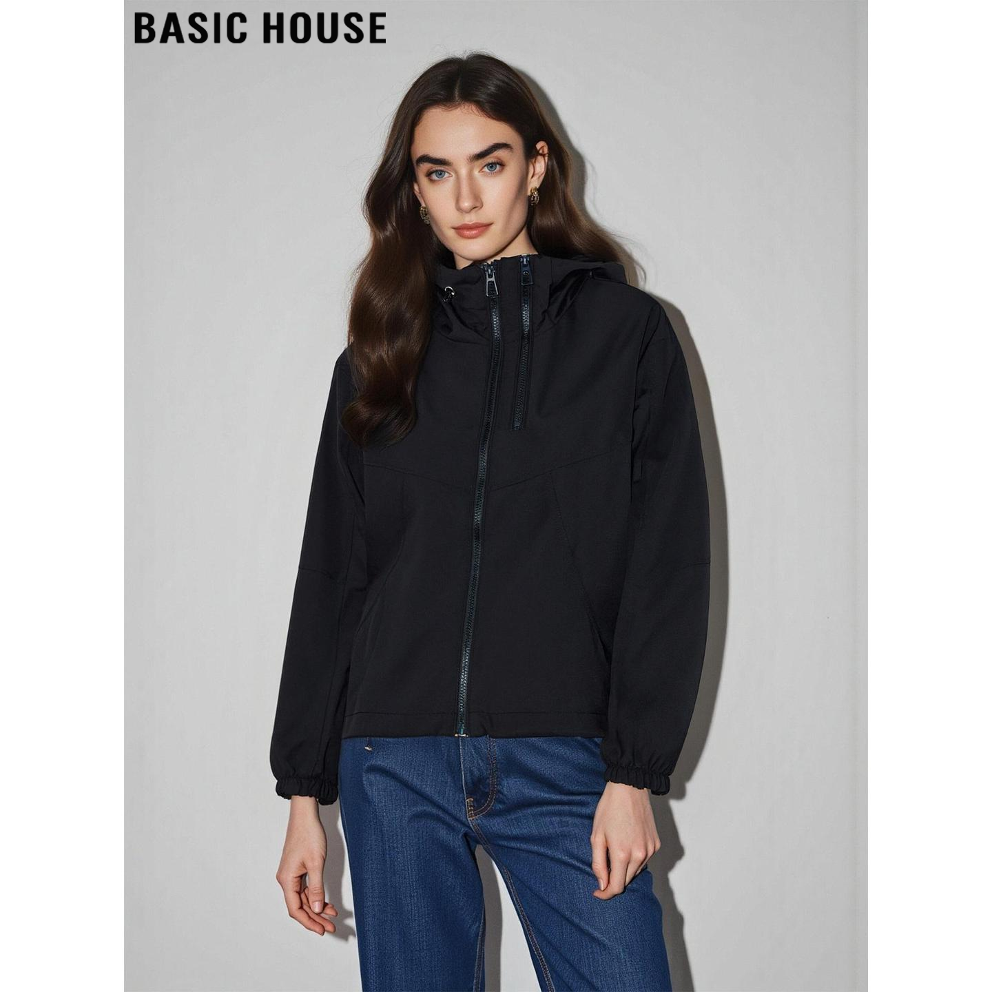百家好黑色连帽冲锋衣夹克外套女