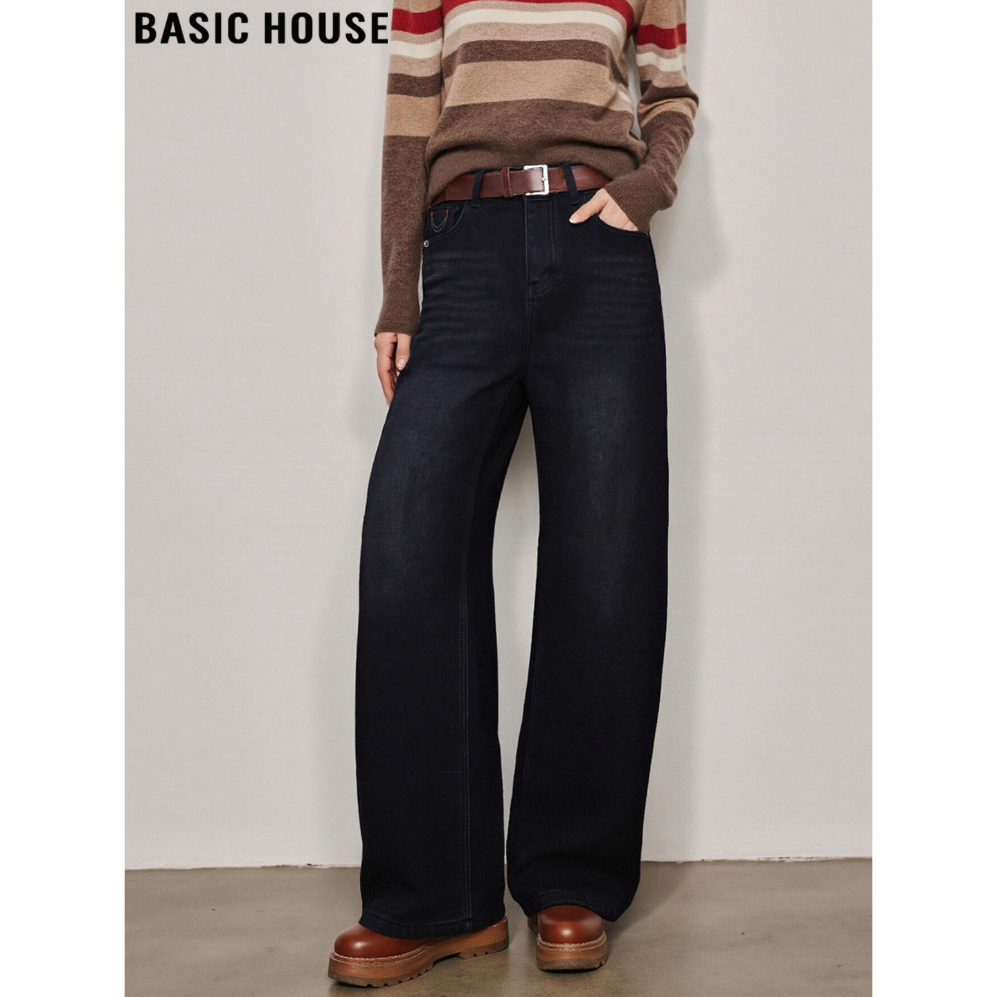 Basic House/百家好美式复古黑色加绒直筒阔腿牛仔裤女冬季拖地裤