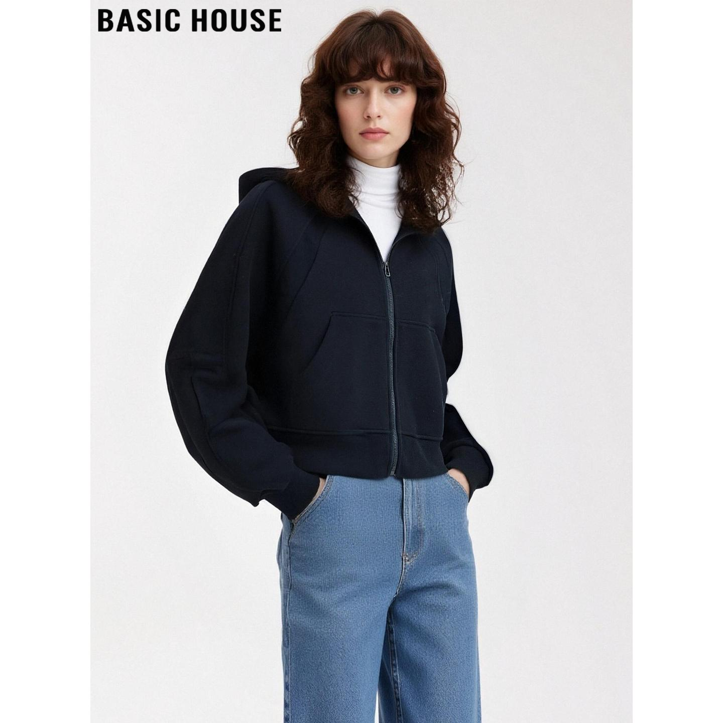 百家好美式藏青色连帽卫衣外套女