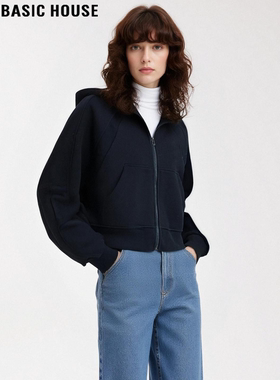Basic House/百家好美式藏青色加厚连帽卫衣外套女士秋冬拉链开衫