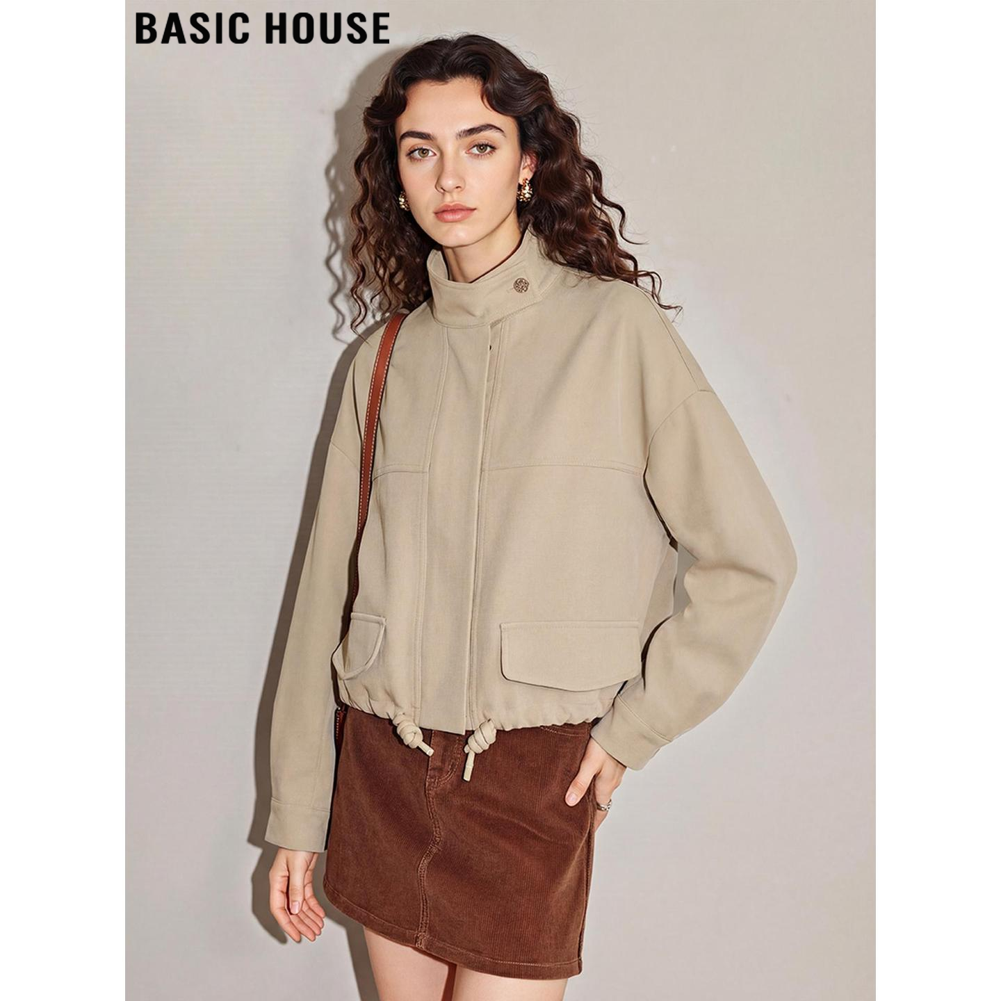 Basic House/百家好卡其色短款外套女2026春季新款时尚立领夹克服,女装/女士精品,短外套,淘宝优惠券,粉丝福利购,淘宝优惠卷