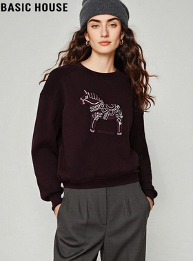 Basic House/百家好美式复古刺绣加绒加厚卫衣女冬季宽松慵懒上衣