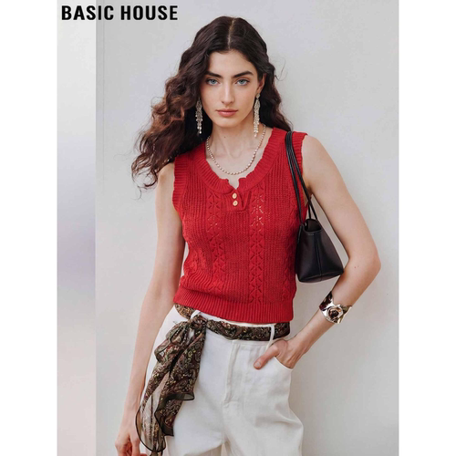 百家好设计感红色针织背心女外穿