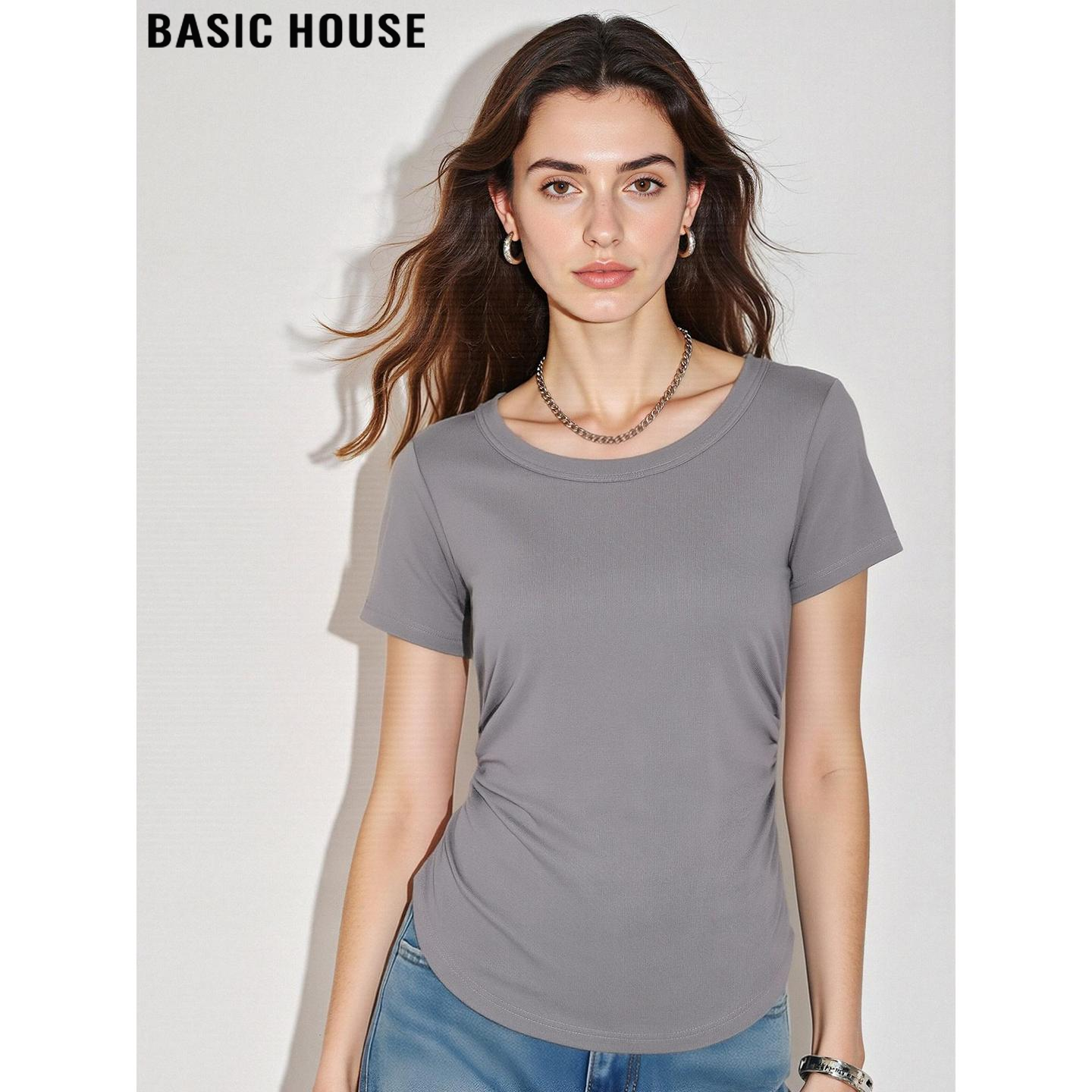 Basic House/百家好灰色圆领短袖T恤女夏季褶皱收腰冰丝正肩上衣