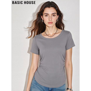 T恤女夏季 百家好灰色圆领短袖 褶皱收腰冰丝正肩上衣 House Basic